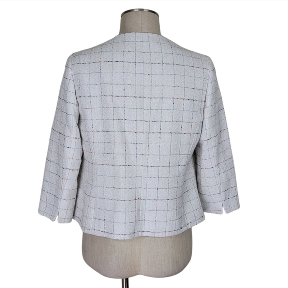 Kasper Blazer Size PM White Windowpane Open Front Silver Metallic 3/4 Sleeve - Picture 3 of 10